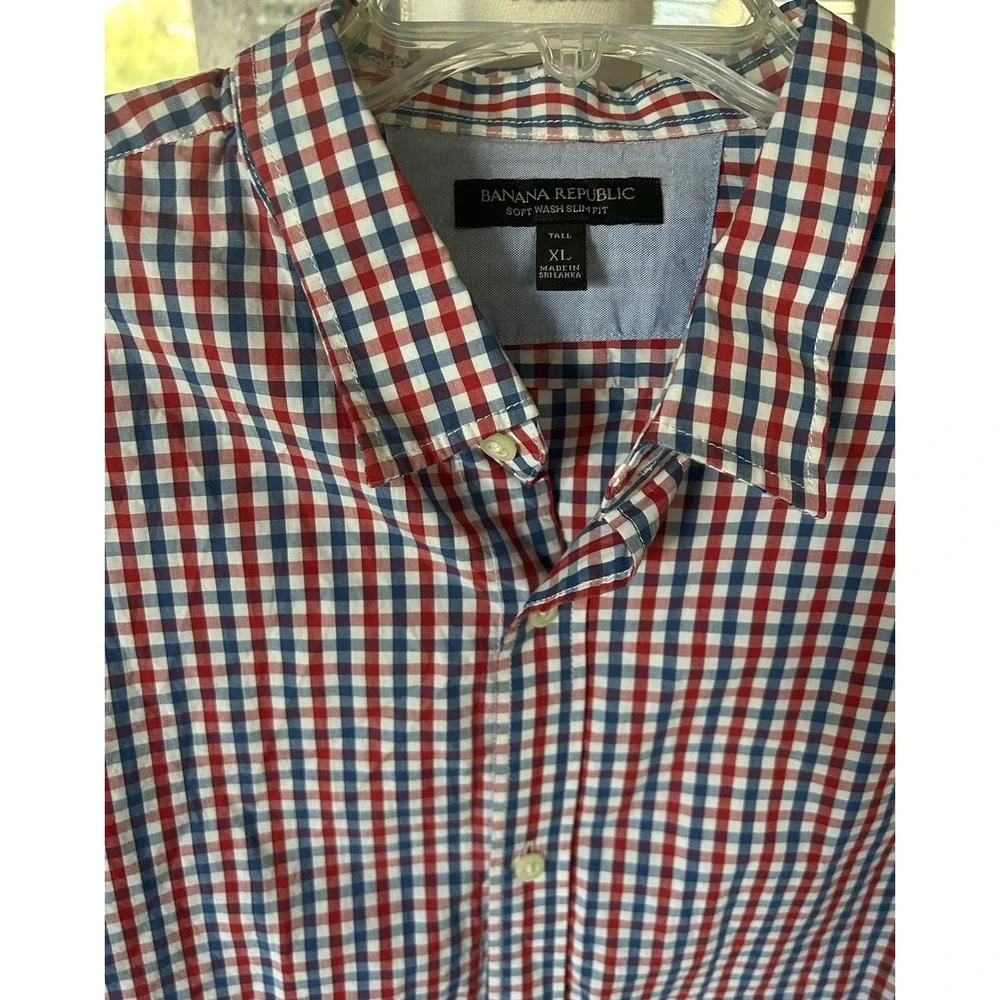 Banana Republic Men Soft Slim Fit Plaid Shirt Size XL TALL Blue Red White Cotton